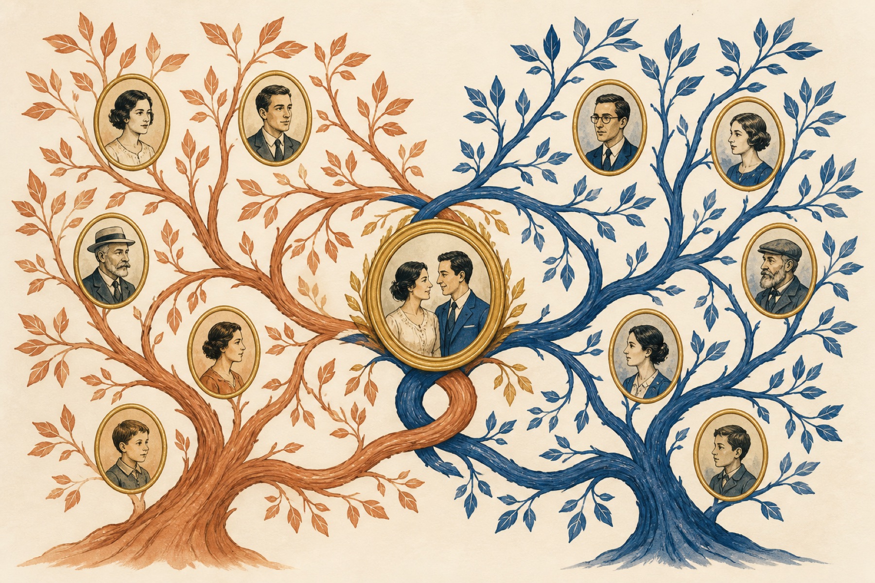 Two illustrated family trees meeting at one shared ancestor